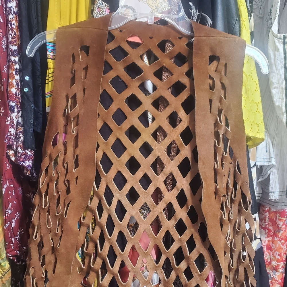 Vintage 60s 70s Brown Leather Lattice Vest